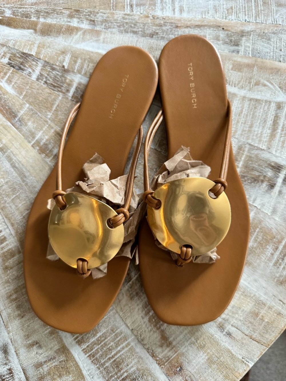 Tory Burch Tan Leather Sandals with Gold Disc